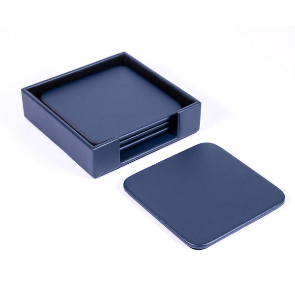 Dacasso Navy Blue Leatherette 4 Square Coaster Set W/ Holder