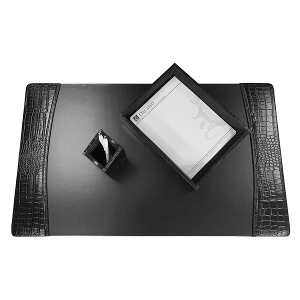 Dacasso Protacini Black Italian Crocodile Leather 3-Piece Desk Set