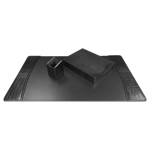 Dacasso Protacini Black Italian Crocodile Leather 3-Piece Desk Set