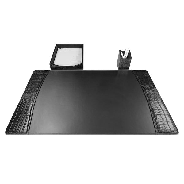 Dacasso Protacini Black Italian Crocodile Leather 3-Piece Desk Set