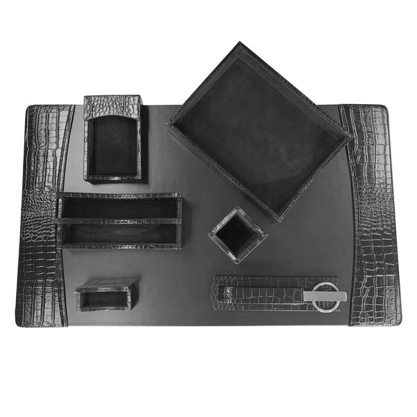 Dacasso Protacini Black Italian Crocodile Leather 7-Piece Desk Set