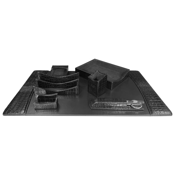 Dacasso Protacini Black Italian Crocodile Leather 7-Piece Desk Set