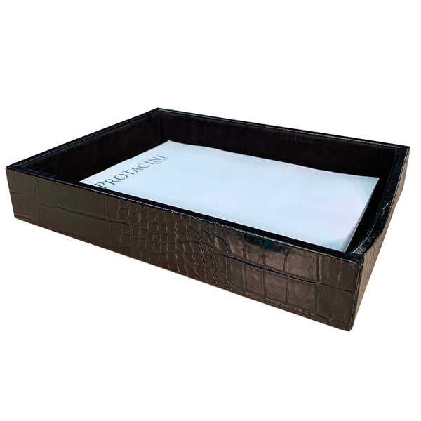 Dacasso Protacini Black Italian Crocodile Leather Front-Load Letter Tray