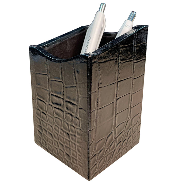 Dacasso Protacini Black Italian Crocodile Leather Pencil Cup