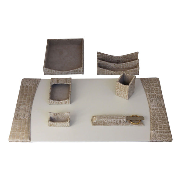 dacasso Protacini Breeze Beige Italian Crocodile Leather 7-Piece Desk Set