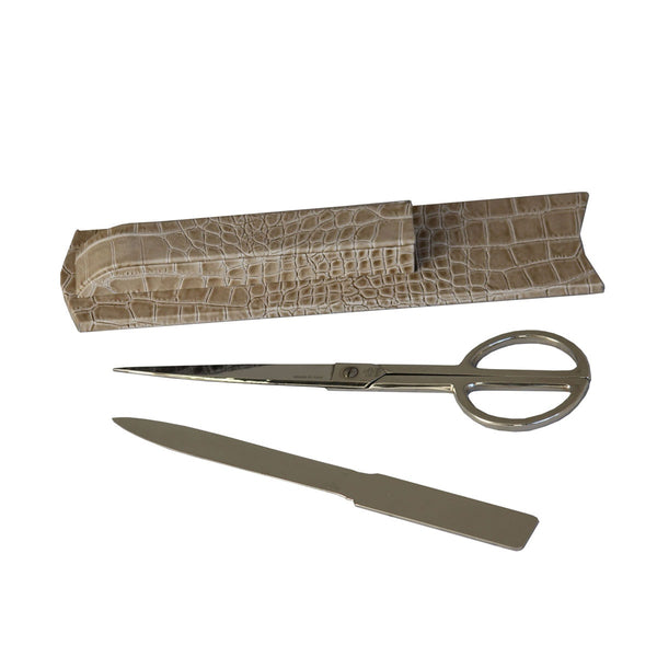 Dacasso Protacini Breeze Beige Italian Crocodile Leather Library Set - Silver