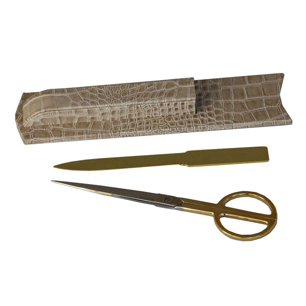 Dacasso Protacini Breeze Beige Italian Crocodile Leather Library Set - Gold