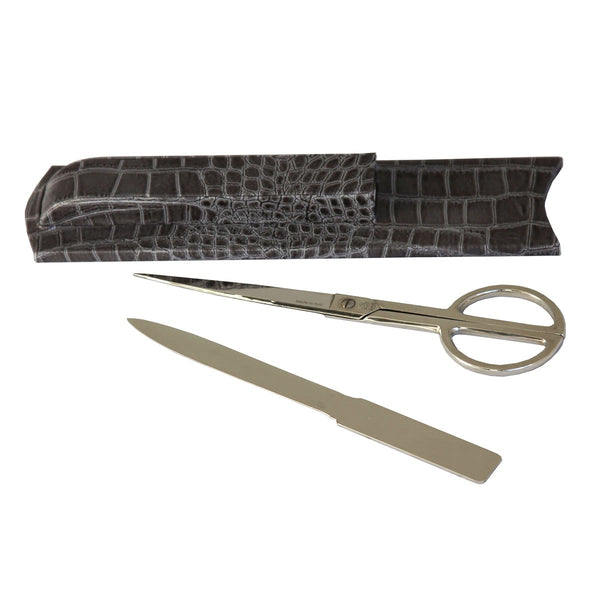 Dacasso Protacini Castlerock Gray Italian Crocodile Leather Library Set - Silver