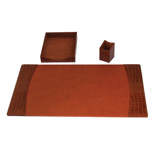 dacasso Protacini Cognac Brown Italian Crocodile Leather 3-Piece Desk Set