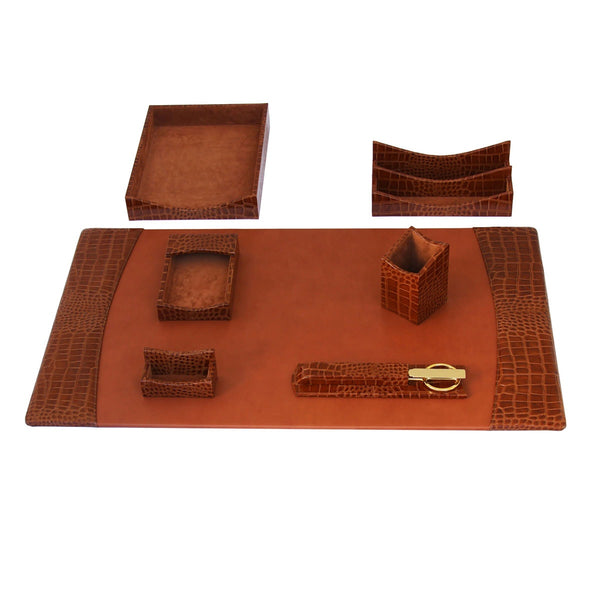 dacasso Protacini Cognac Brown Italian Crocodile Leather 7-Piece Desk Set