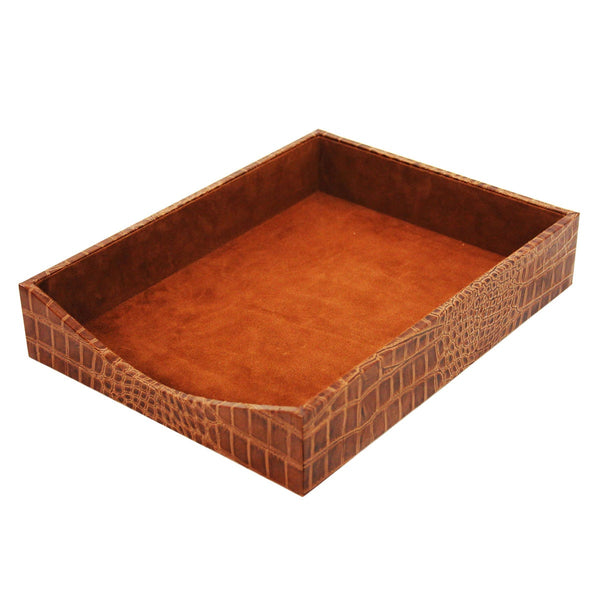 Dacasso Protacini Cognac Brown Italian Crocodile Leather Front-Load Letter Tray