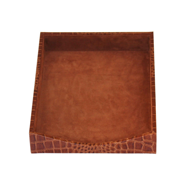 dacasso Protacini Cognac Brown Italian Crocodile Leather Front-Load Letter Tray