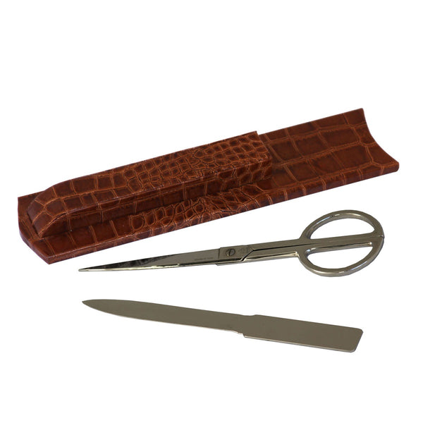 Dacasso Protacini Cognac Brown Italian Crocodile Leather Library Set - Silver