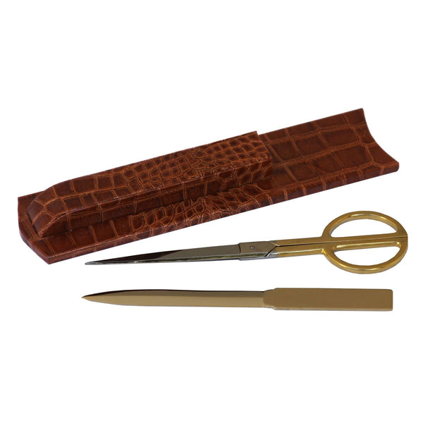 Dacasso Protacini Cognac Brown Italian Crocodile Leather Library Set - Gold