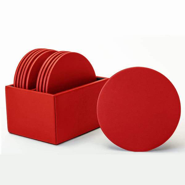 Dacasso Red Leatherette 10 Round Coaster Set W/ Holder