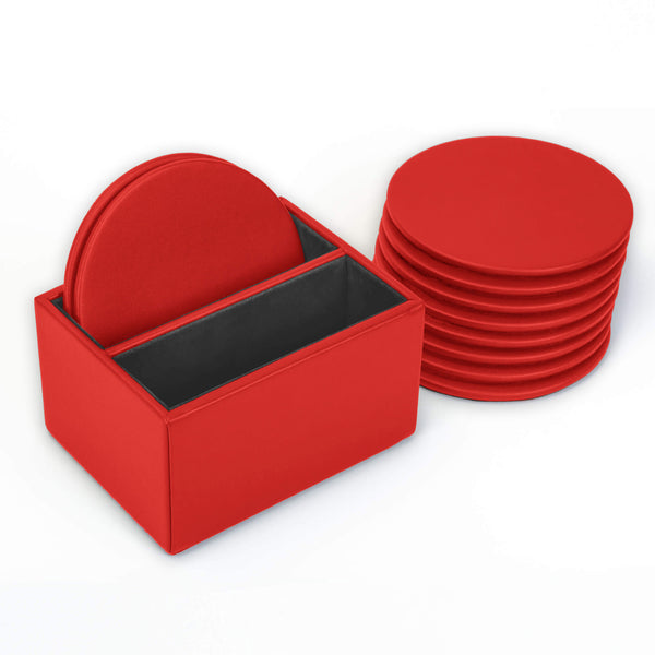 Dacasso Red Leatherette 10 Round Coaster Set W/ Holder