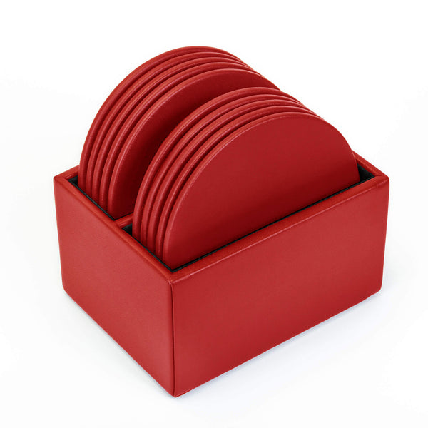 dacasso Red Leatherette 10 Round Coaster Set w/ Holder