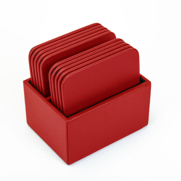 Dacasso Red Leatherette 10 Square Coaster Set W/ Holder