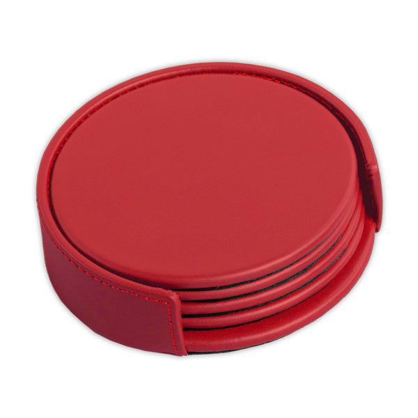 Dacasso Red Leatherette 4 Round Coaster Set W/ Holder