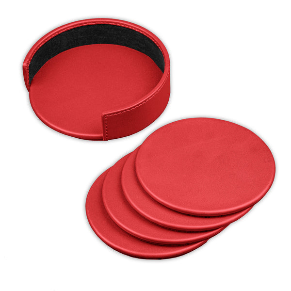 dacasso Red Leatherette 4 Round Coaster Set w/ Holder