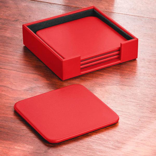 Dacasso Red Leatherette 4 Square Coaster Set W/ Holder