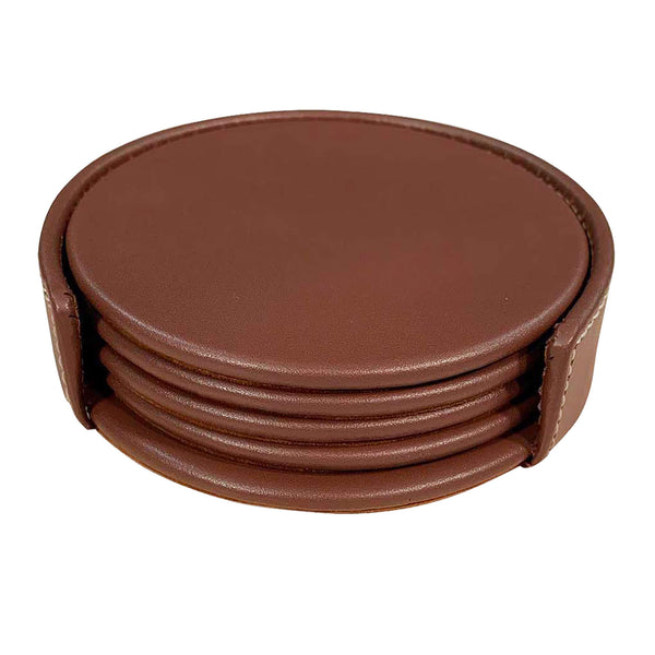 Dacasso Rustic Brown Leather 4 Round Coaster Set W/ Holder