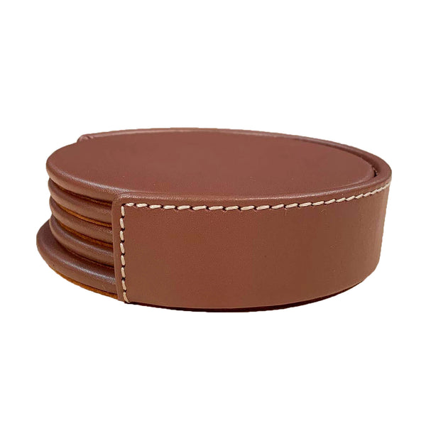 Dacasso Rustic Brown Leather 4 Round Coaster Set W/ Holder