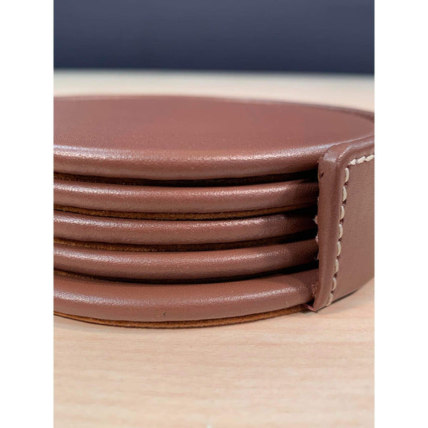 Dacasso Rustic Brown Leather 4 Round Coaster Set W/ Holder