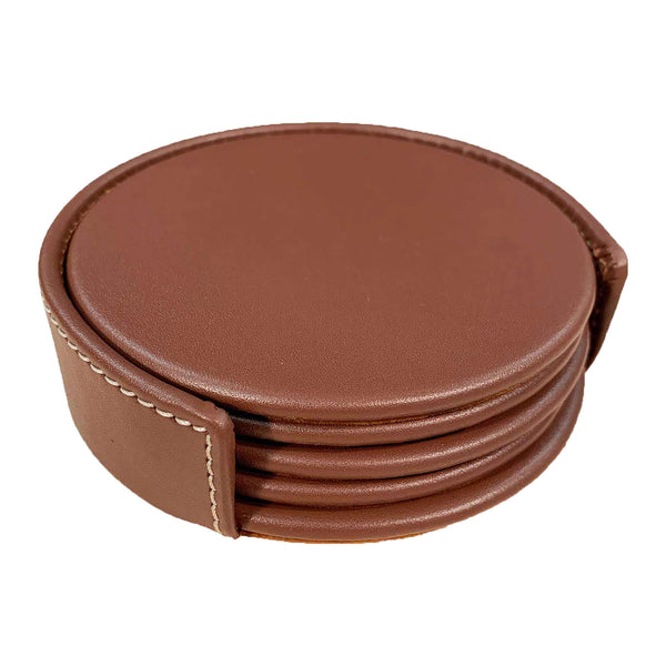 dacasso Rustic Brown Leather 4 Round Coaster Set w/ Holder