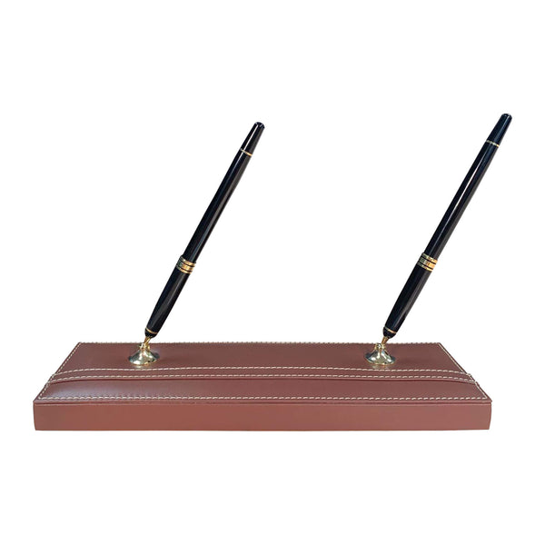 Dacasso Rustic Brown Leather Double Pen Stand W/ Gold Accents