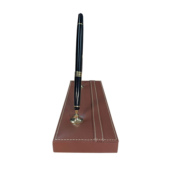 Dacasso Rustic Brown Leather Double Pen Stand W/ Gold Accents