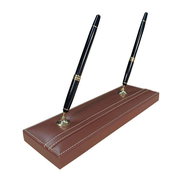 dacasso Rustic Brown Leather Double Pen Stand w/ Gold Accents