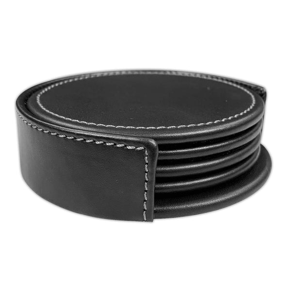 Dacasso Rustic (Onyx) Black Leather 4 Round Coaster Set W/ Holder