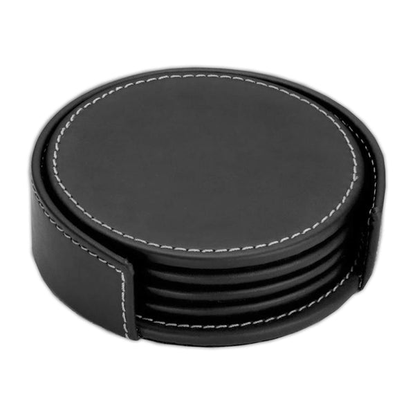 dacasso Rustic (Onyx) Black Leather 4 Round Coaster Set w/ Holder