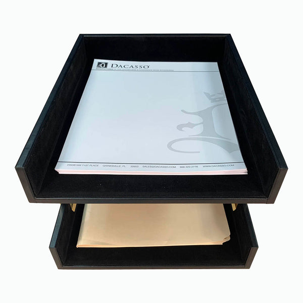 Dacasso Rustic (Onyx) Black Leather Letter Tray Stacking Set Gold