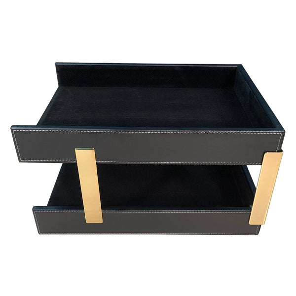 Dacasso Rustic (Onyx) Black Leather Letter Tray Stacking Set Gold