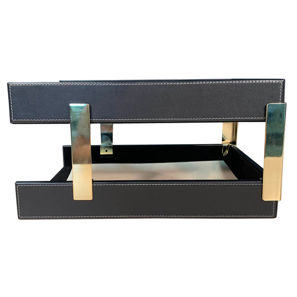 Dacasso Rustic (Onyx) Black Leather Letter Tray Stacking Set Gold