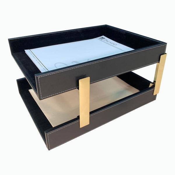 dacasso Rustic (Onyx) Black Leather Letter Tray Stacking Set Gold