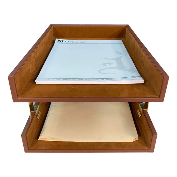 Dacasso Rustic (Sienna) Brown Leather Letter Tray Legal Stacking Set Gold