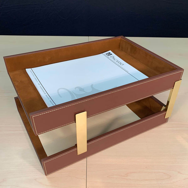 Dacasso Rustic (Sienna) Brown Leather Letter Tray Legal Stacking Set Gold