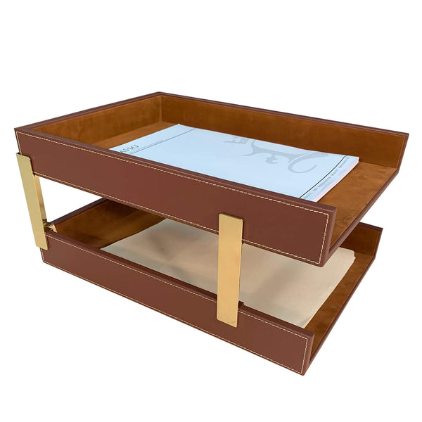 dacasso Rustic (Sienna) Brown Leather Letter Tray Legal Stacking Set Gold