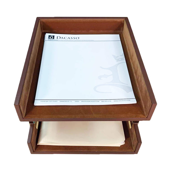 Dacasso Rustic (Sienna) Brown Leather Letter Tray Stacking Set Gold