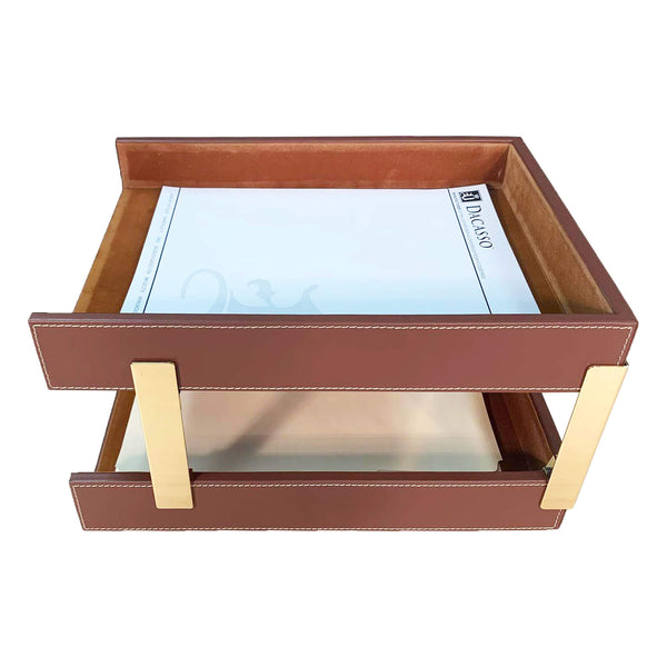 Dacasso Rustic (Sienna) Brown Leather Letter Tray Stacking Set Gold