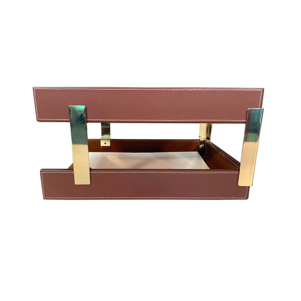 Dacasso Rustic (Sienna) Brown Leather Letter Tray Stacking Set Gold