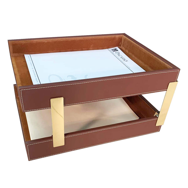 dacasso Rustic (Sienna) Brown Leather Letter Tray Stacking Set Gold