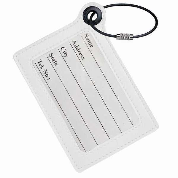 dacasso Travelers Envy Leather Luggage Tag with Metal Cable - White