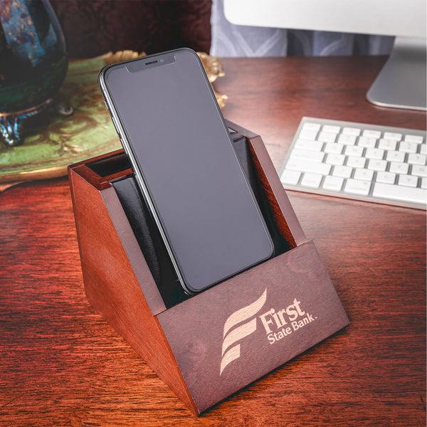 Dacasso Walnut And Leather Desktop Cell Phone Holder