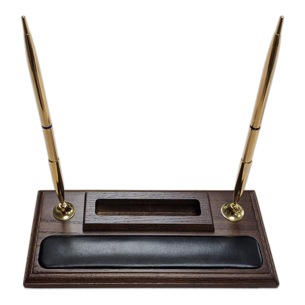 Dacasso Walnut And Leather Double Pen Stand With Cell Phone Holder