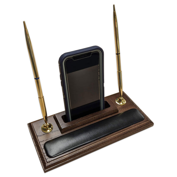 Dacasso Walnut And Leather Double Pen Stand With Cell Phone Holder
