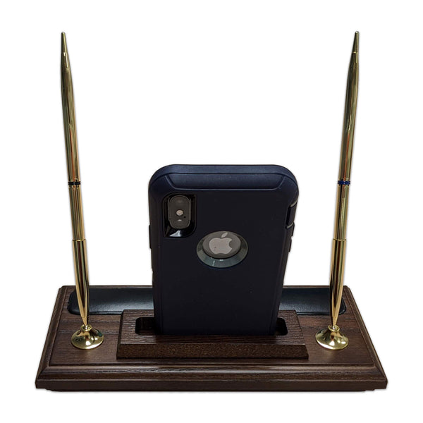 Dacasso Walnut And Leather Double Pen Stand With Cell Phone Holder